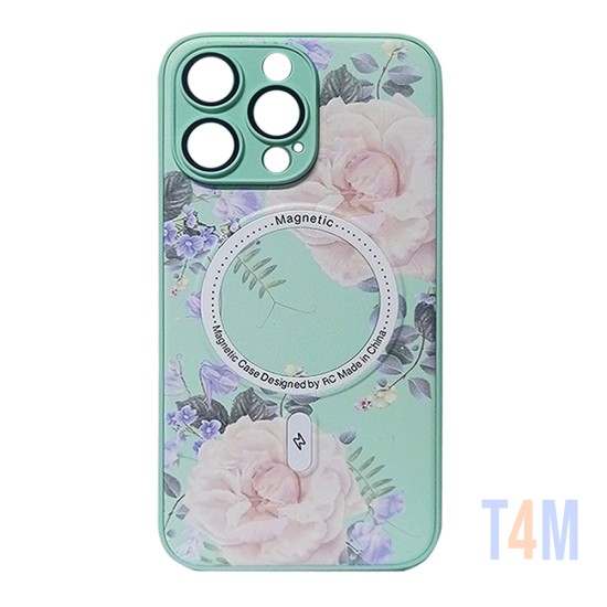 Capa Magnética com Desenho de Flores para Apple iPhone 15 Pro Verde